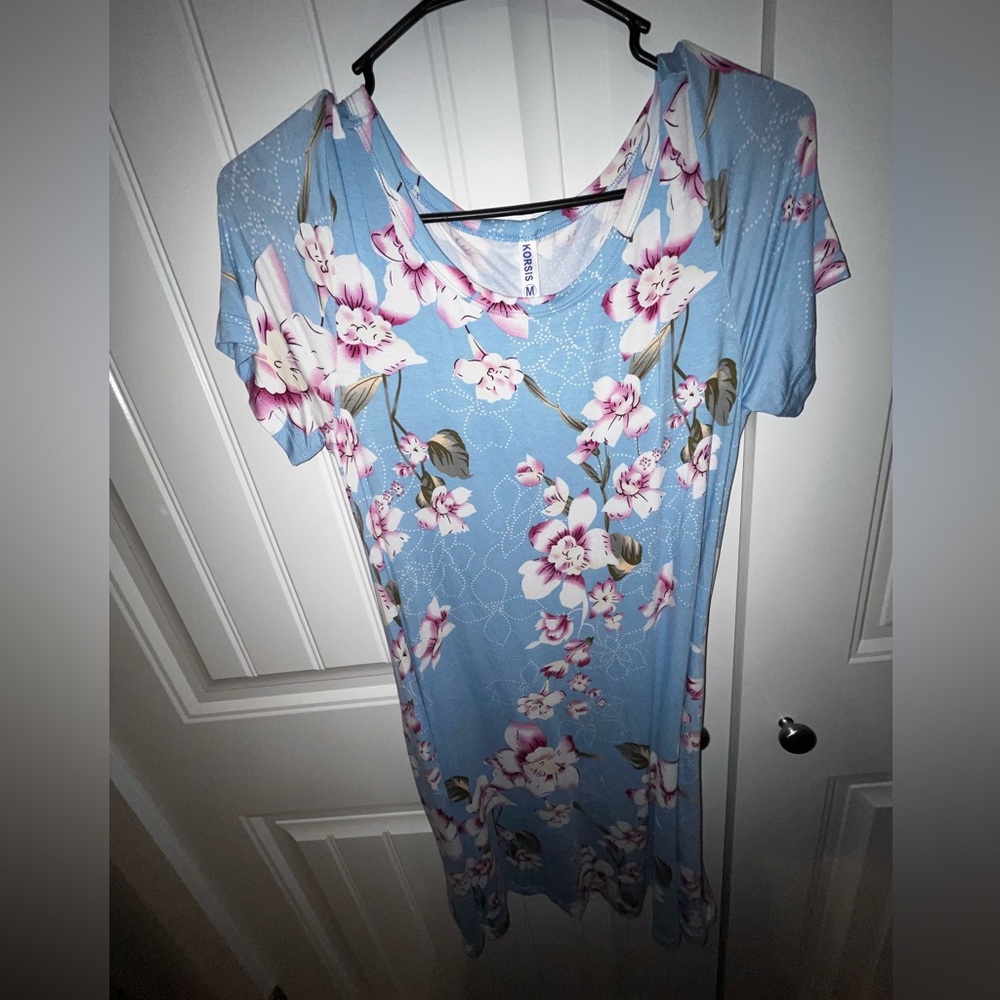 Blue dress with white and pink flowers